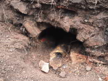 A metal pipe appears at the mouth of a tunnel, and the whole photo is one of soil.